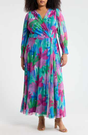 London Times Floral Long Sleeve Faux Wrap Maxi Dress