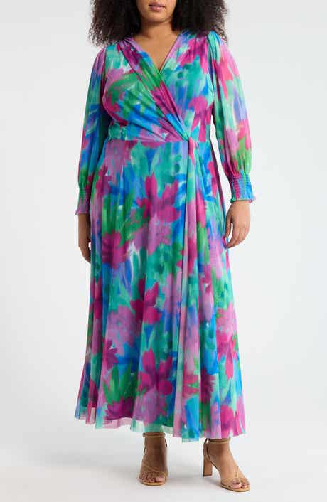 London Times Floral Long Sleeve Faux Wrap Maxi Dress