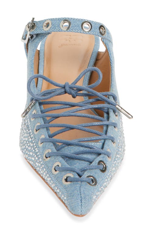 Ganni Embellished Lace-up Denim Mules In Faded Denim