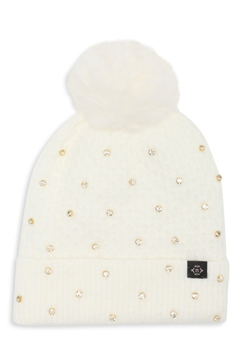 Embellished Faux Fur Pom Beanie, Main, color, WHITE