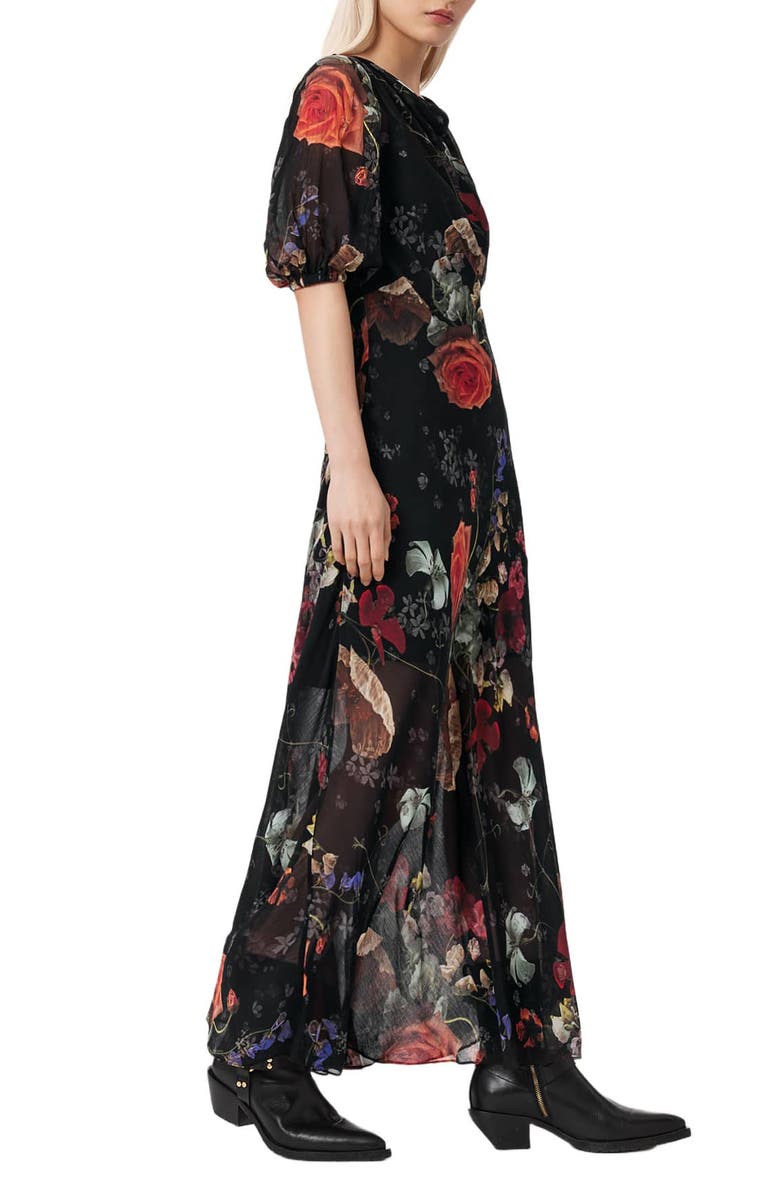 AllSaints Tiwa Floral Puff Sleeve Maxi Dress, Alternate, color, Haze Black