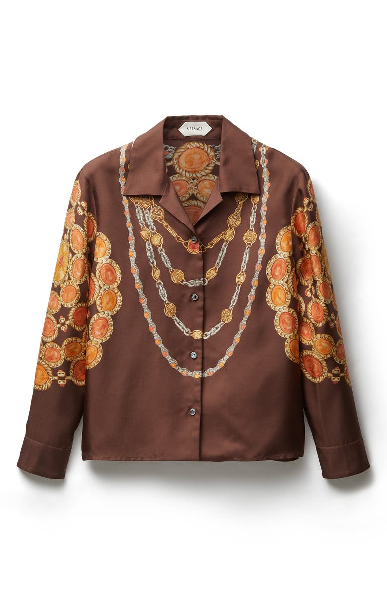 Versace The Lover Trompe l'Oeil Print Silk Twill Bowling Shirt, Alternate, color, Chocolate Amber