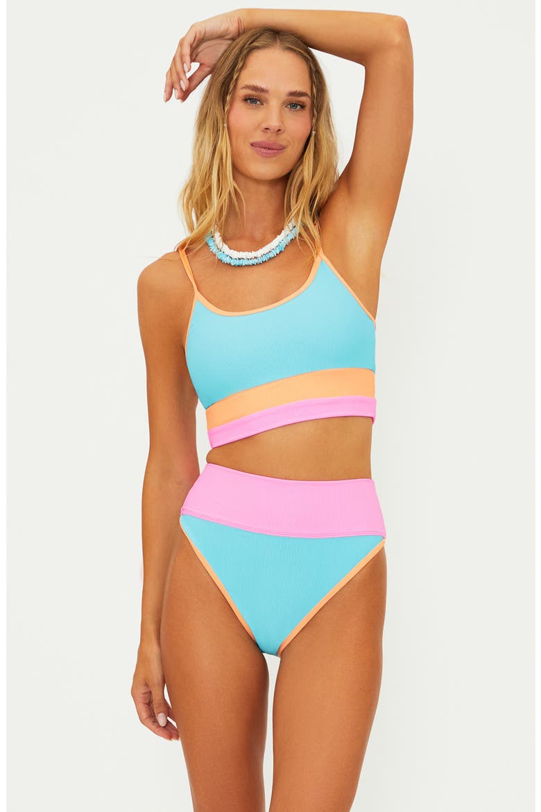 Emmy Colorblock High Waist Bikini Bottoms, Alternate, color, BLUE/GREEN CRUSH COLOR
