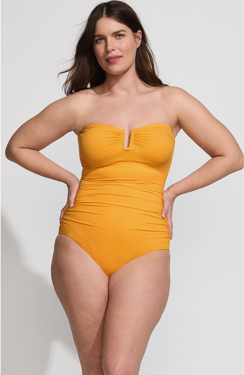 Lands' End Plus Size Slender Suit U-Wire Bandeau One Piece Swimsuit, Main, color, Sweet Mango