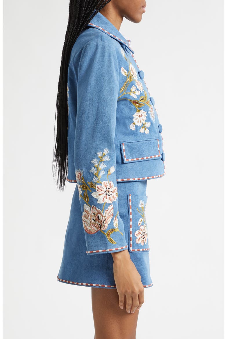 Vikaria Floral Embroidery Stretch Cotton Jacket, Alternate, color, SEA GLARE