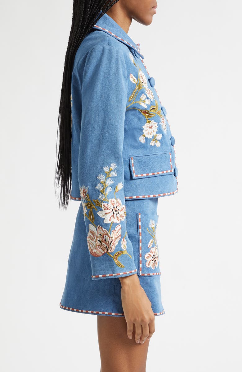 Veronica Beard Vikaria Floral Embroidery Stretch Cotton Jacket, Alternate, color, Sea Glare