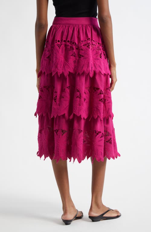 Shop Farm Rio Daisy Guipure Lace Cotton & Linen Tiered Skirt In Pink