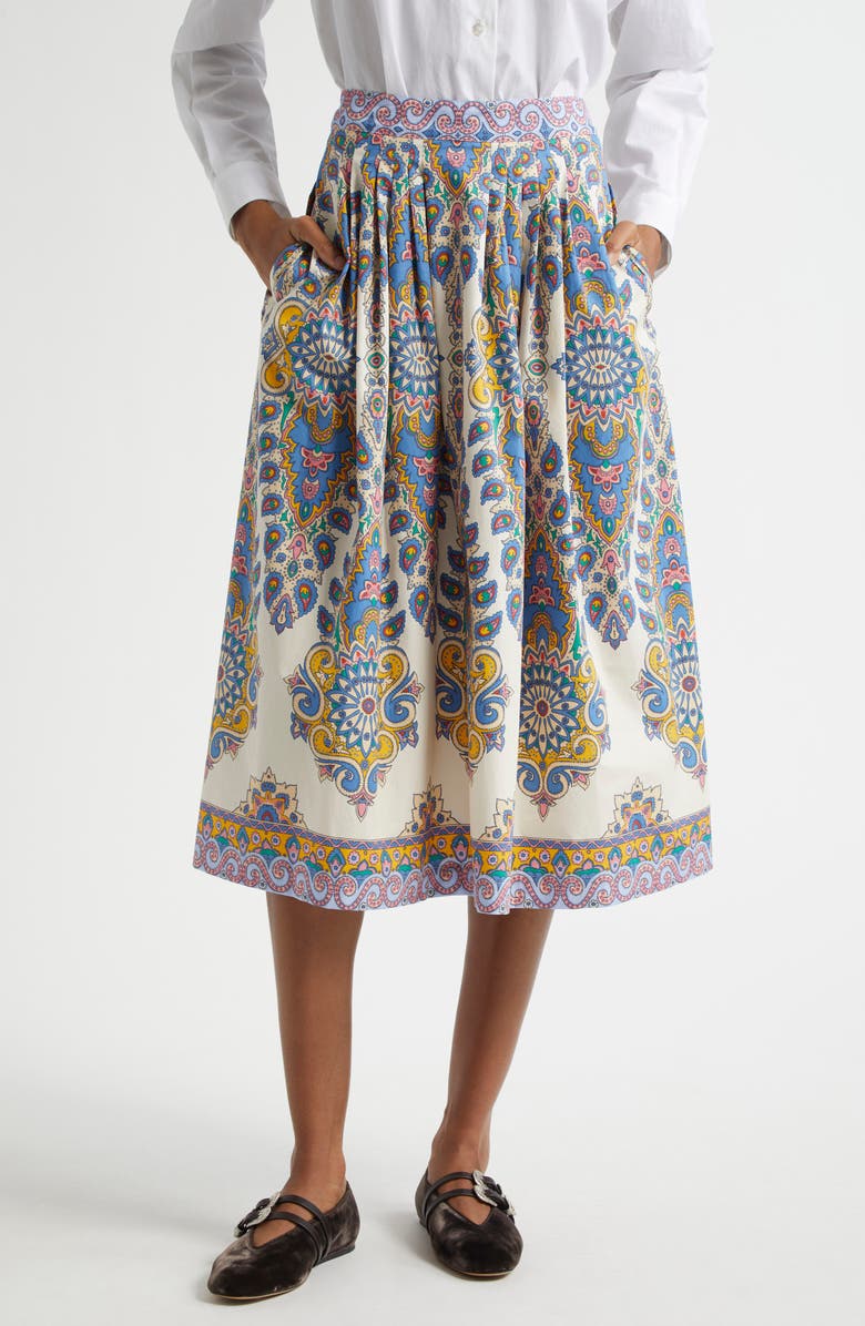 Etro Floral Paisley Cotton Poplin Midi Skirt, Main, color, Stampa F.do Bianco
