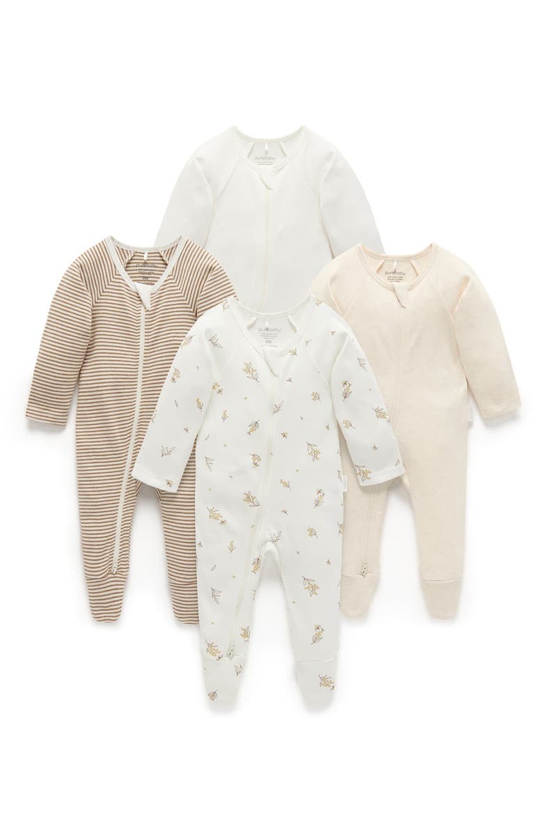 Purebaby 4 Pack Zip Footie Unisex, Main, color, Vanilla Wattle Bee Pack