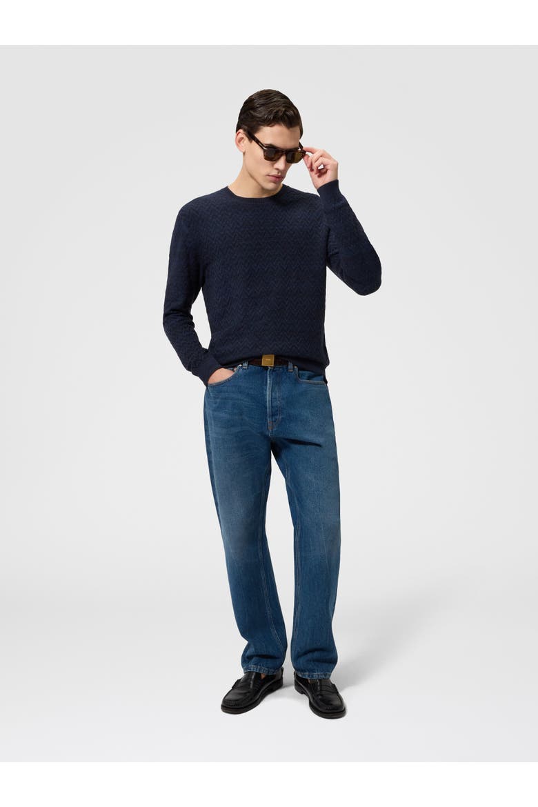 Crew-neck Wool And Cotton Pullover With Tone-on-tone Zigzag Pattern, Alternate, color, Blue