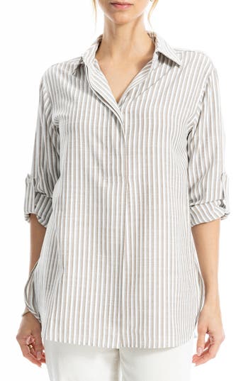 Max Studio Stripe Oversize Long Sleeve Button-up Tunic