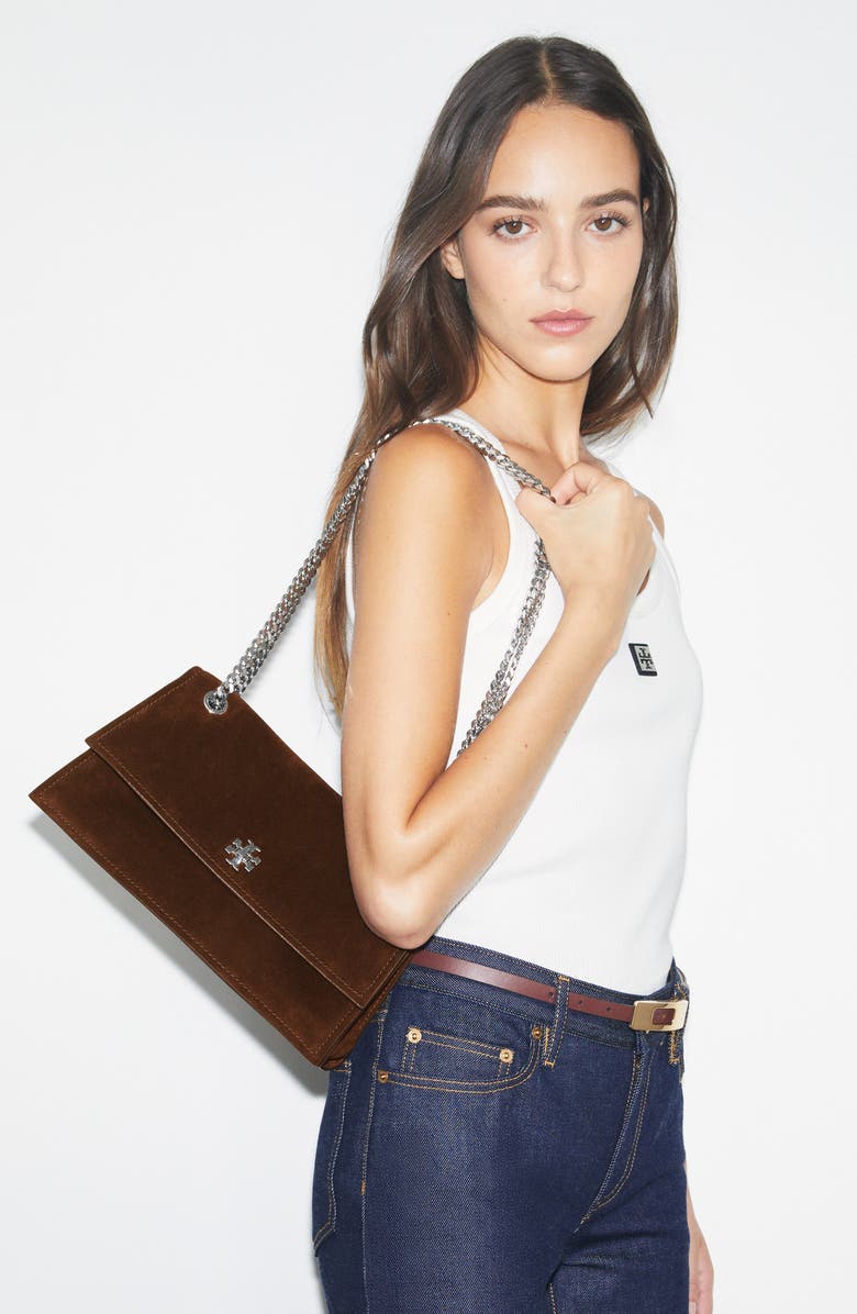 Tory Burch Kira Turnlock Suede Convertible Shoulder Bag, Alternate, color, Dark Cocoa