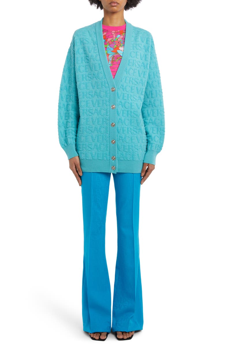 Versace Tonal Logo Flare Leg Virgin Wool Pants, Alternate, color,