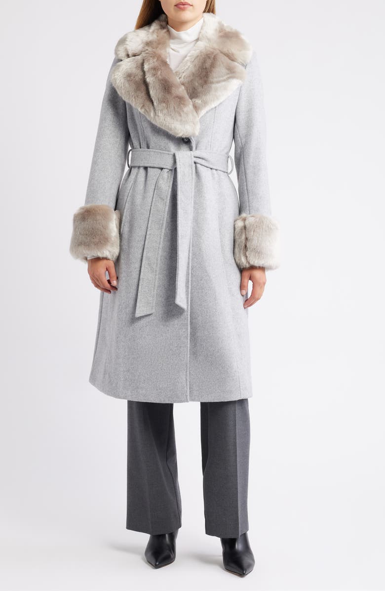 Via Spiga Belted Faux Fur Trim Coat, Main, color, Heather Grey