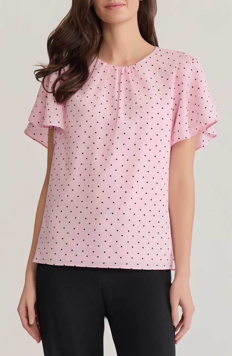 KASPER Polka Dot Flutter Sleeve Top, Main, color, Tutu Pink/ Black