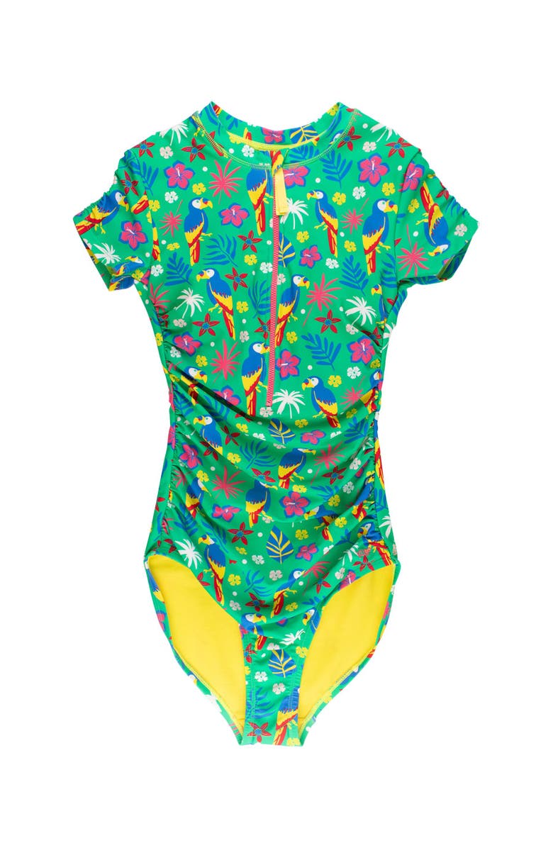 RuffleButts UPF50+ Sun Protected Women's Quarter Zip Short Sleeve One Piece Rash Guard Swimsuit, Main, color, Parrot Palms