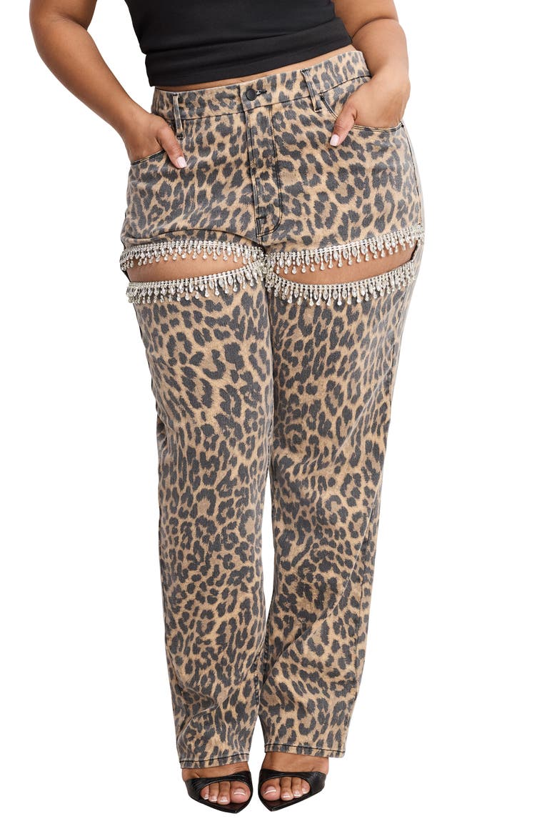 Good Icon Crystal Embellished Cutout Straight Leg Jeans, Alternate, color, LUCKY LEOPARD001