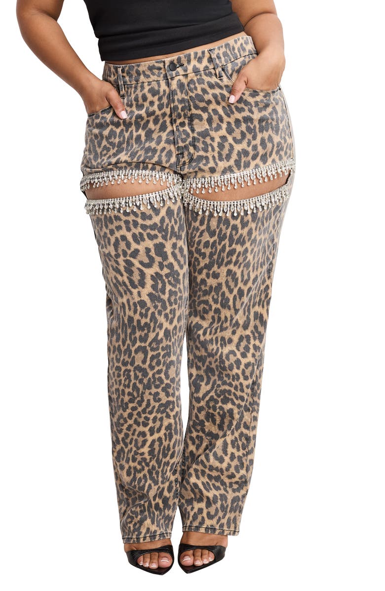 Good American Good Icon Crystal Embellished Cutout Straight Leg Jeans, Alternate, color, Lucky Leopard001
