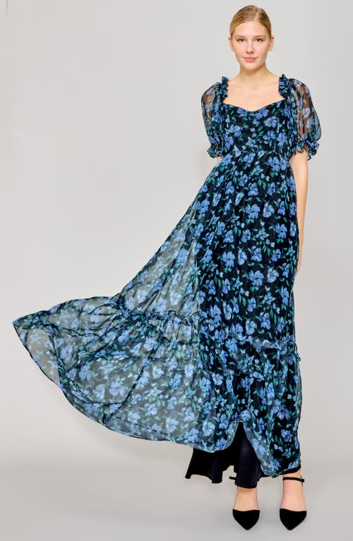 Melloday Floral Chiffon Gown In Black Blue Multi