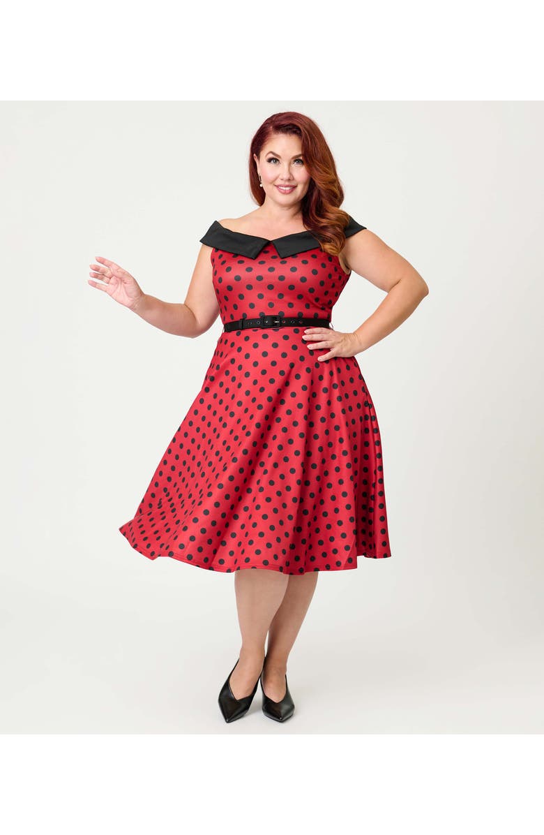 Unique Vintage Plus Size Off the Shoulder Swing Dress, Main, color, Red And Black Dots