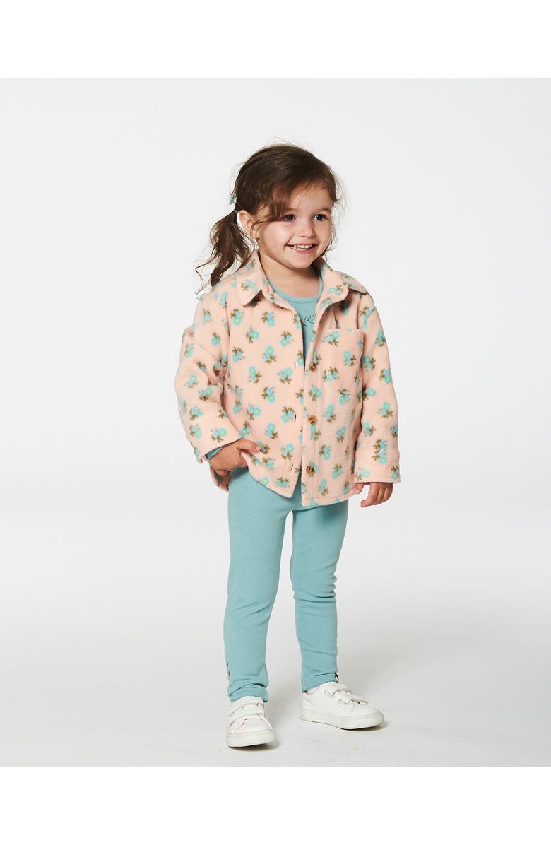 Deux par Deux Little Girl's Printed Polar Fleece Shirt Peach With Blue Flowers, Alternate, color, Printed Flowers