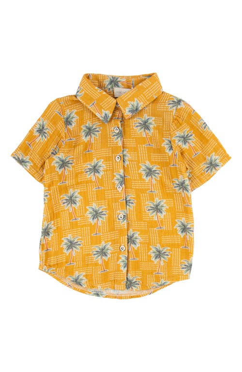 Miki Miette Kids' Jerry Palm Tree Print Short Sleeve Cotton Button-up Shirt In Trader Sam