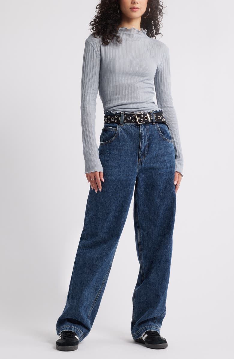 BP. Lettuce Edge Mock Neck Long Sleeve Rib Top, Alternate, color, Grey Weathervane