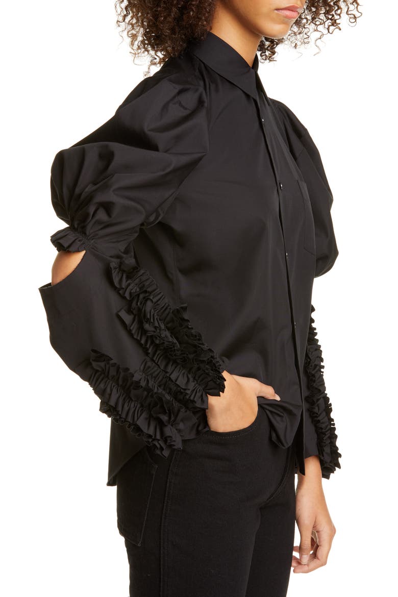Puff Sleeve Ruffle Cotton Shirt, Alternate, color, BLACK