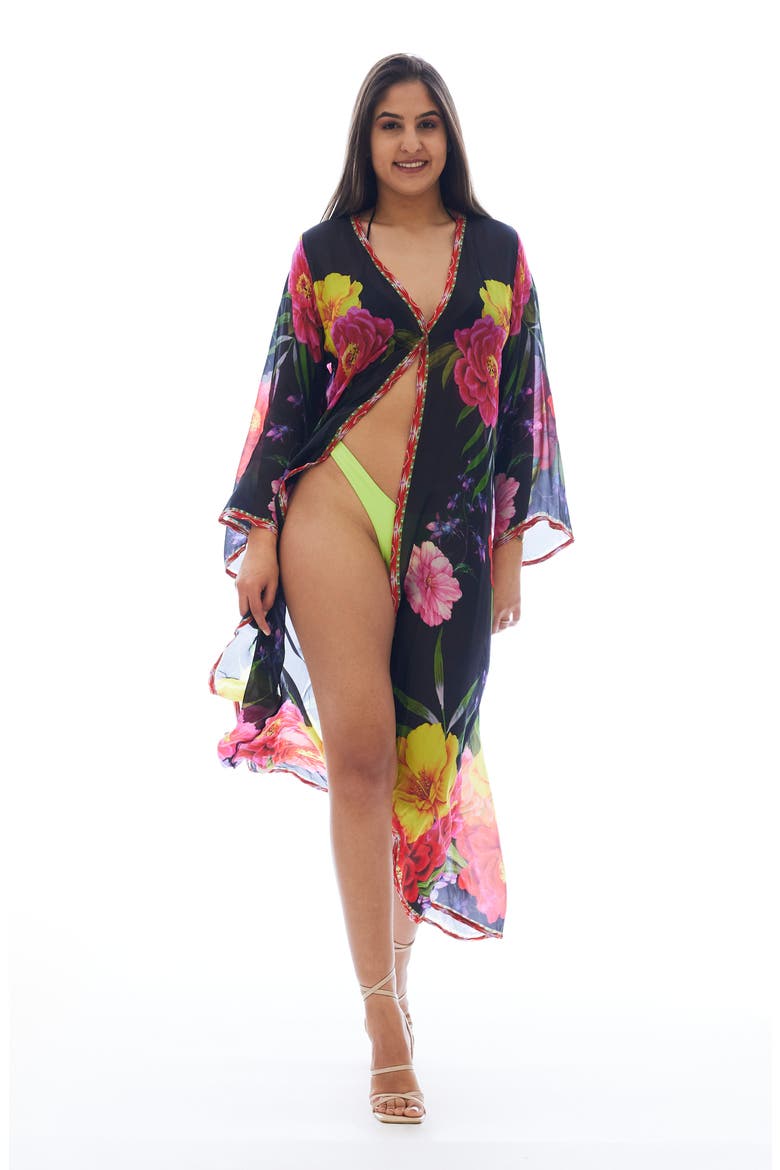 Floral Longline Duster, Alternate, color, BLACK