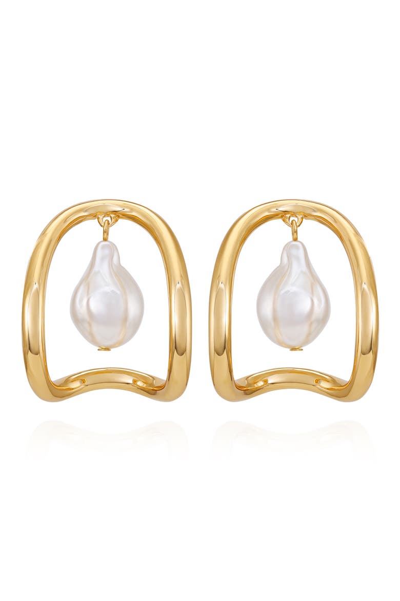 Faux Pearl Hoop Earrings, Main, color, GOLDTONE