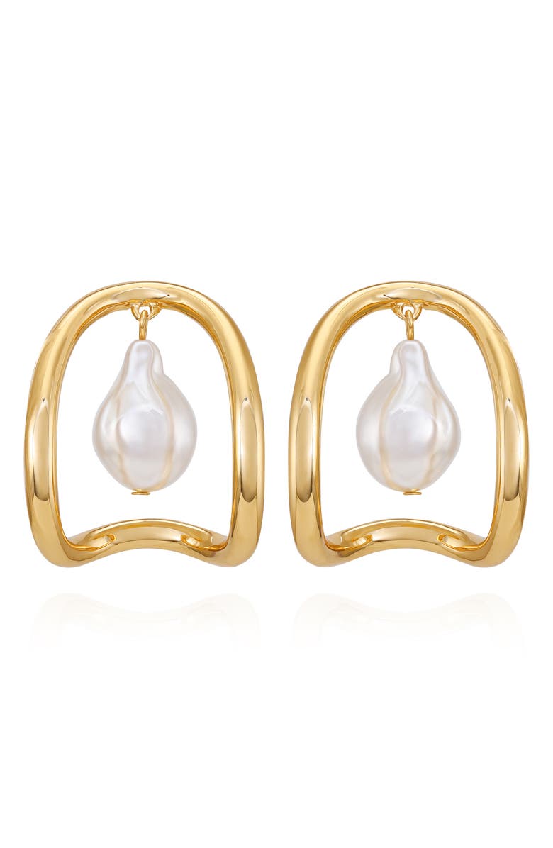 Vince Camuto Faux Pearl Hoop Earrings, Main, color, Goldtone