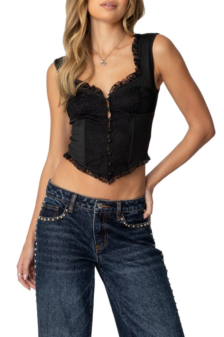 Lacy Corset Crop Top, Main, color, BLACK