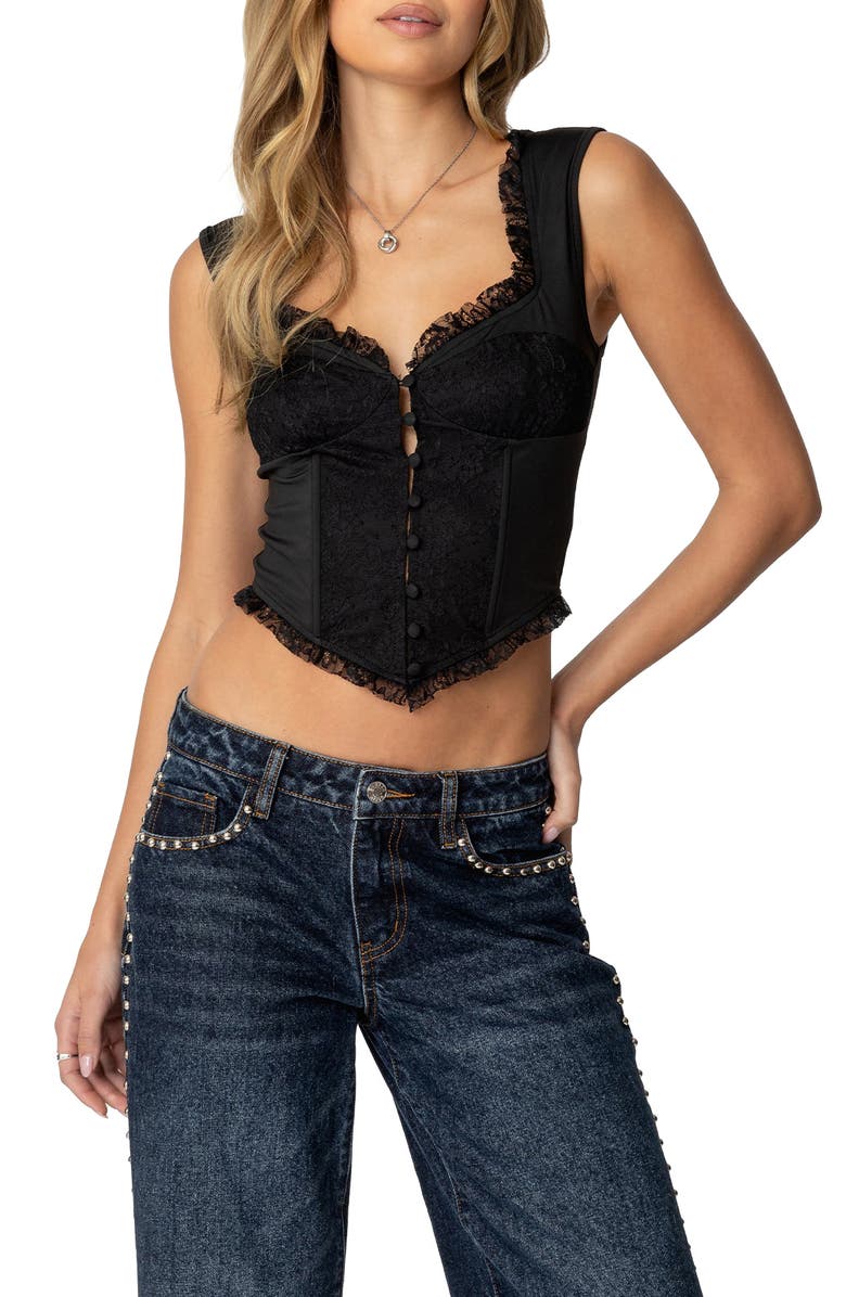 EDIKTED Lacy Corset Crop Top, Main, color, Black