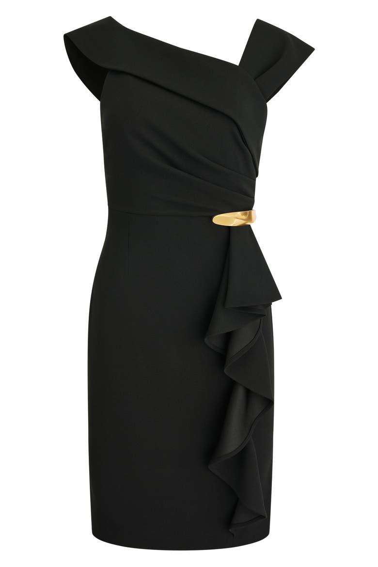 Buckle Detail Asymmetric Neck Sheath Dress, Alternate, color, BLACK