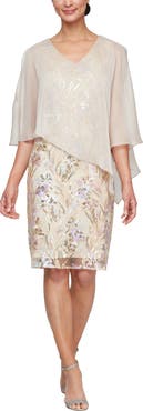 SL FASHIONS Sequin Embroidery Sheath with Cape Overlay