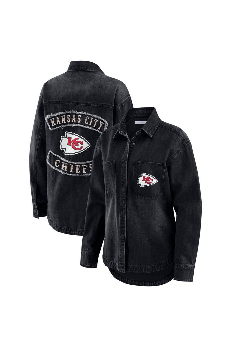 Women's WEAR by Erin Andrews Black Kansas City Chiefs Washed Oversized Denim Full-Snap Shacket, Main, color, Black