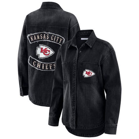 Women's WEAR by Erin Andrews Black Kansas City Chiefs Washed Oversized Denim Full-Snap Shacket