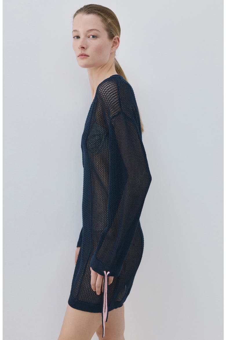 Open Knit Long Sleeve Minidress, Alternate, color, NAVY