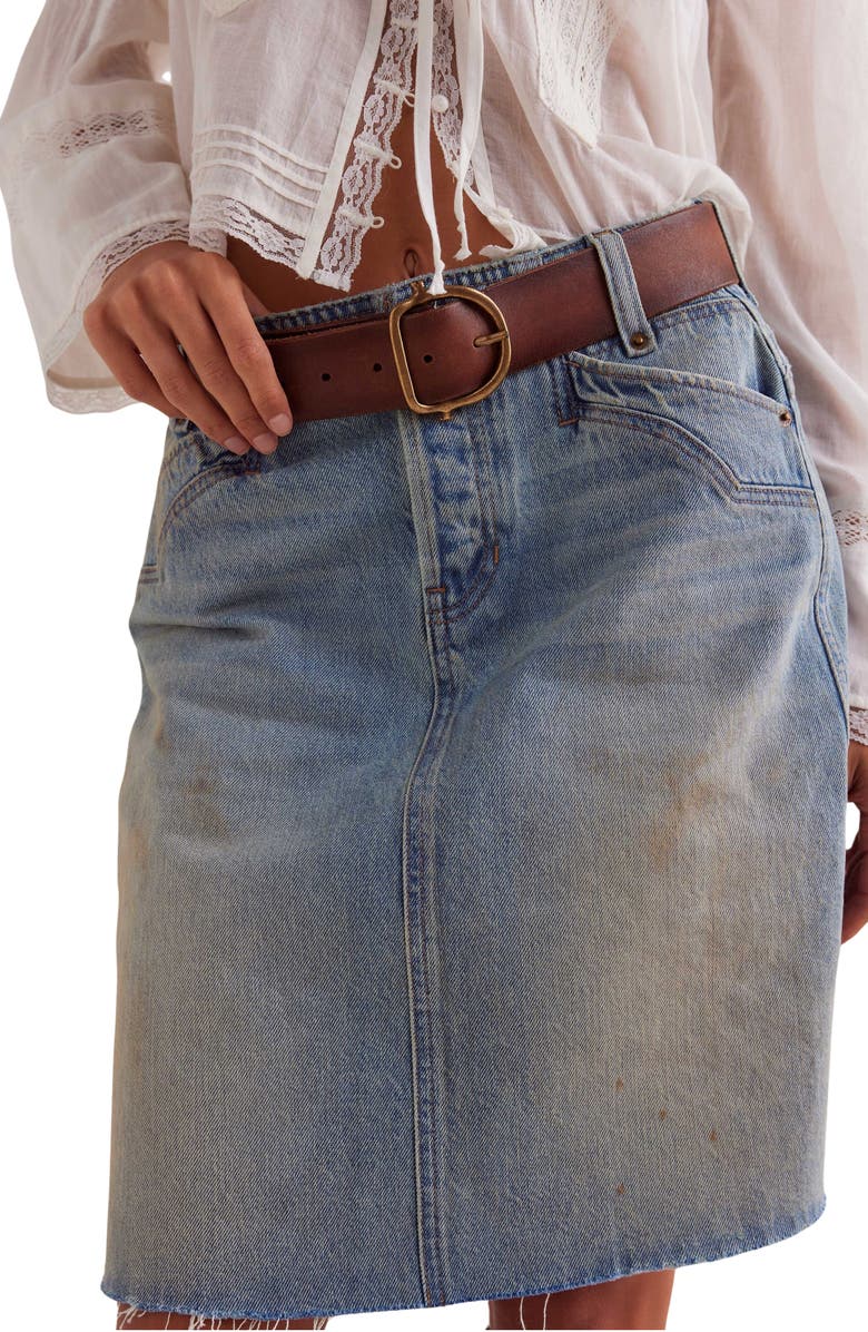 Free People Suzy Raw Hem Denim Midi Skirt, Alternate, color, Sun Stoned Blue