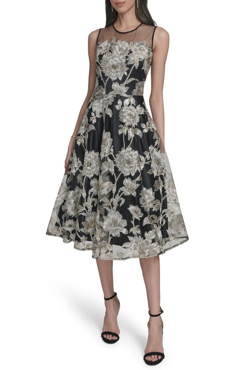 Embroidered Floral Cocktail Midi Dress