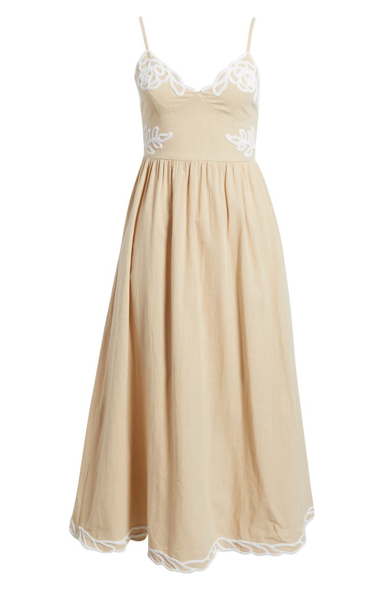 MOON RIVER Embroidered V-Neck Midi Dress, Alternate, color, Taupe