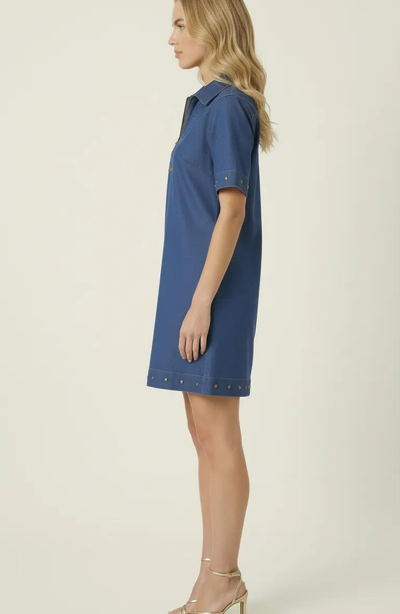 Modenaire Studded Half-Zip Collared Denim Mini Dress, Alternate, color, Mid-Wash Blue