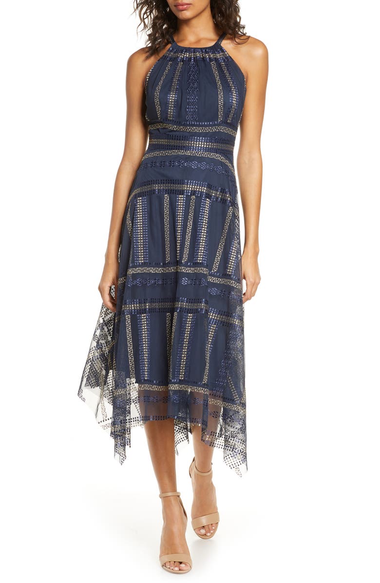 Vince Camuto Embroidered Mesh Halter Midi Dress, Main, color,