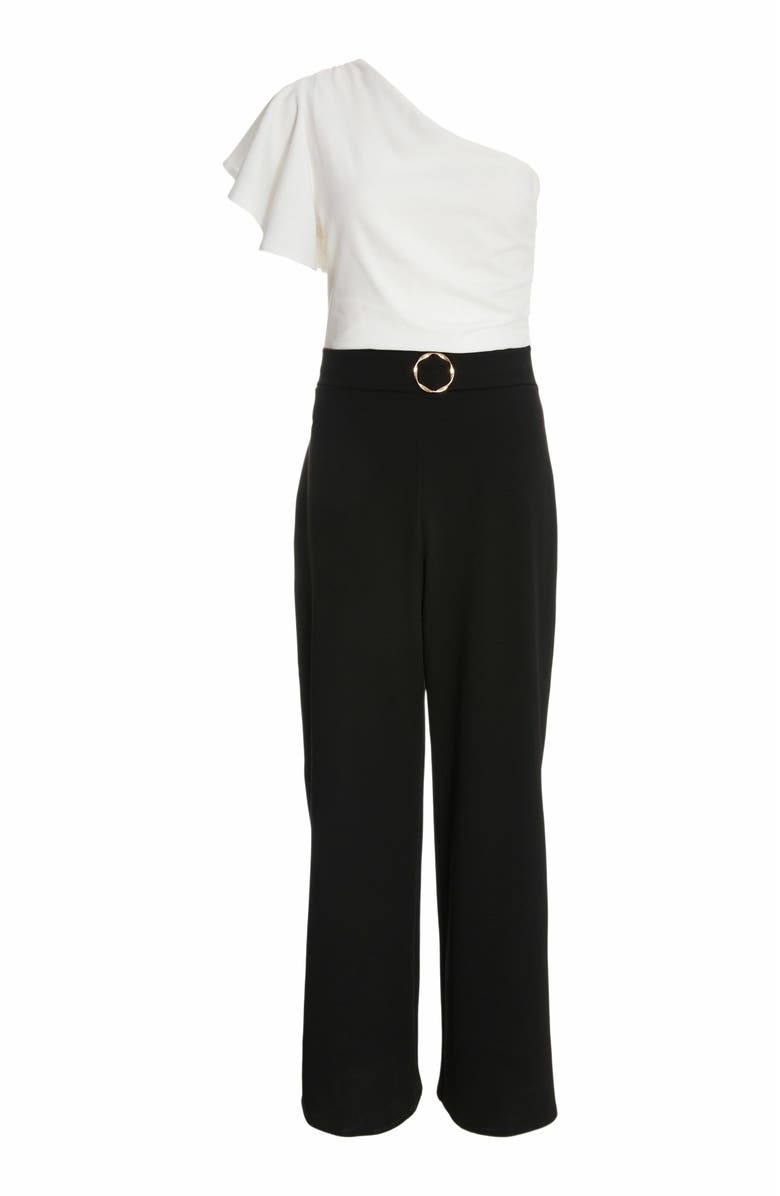 QUIZ Black & White Scuba Crepe One Shoulder Jumpsuit, Alternate, color, 