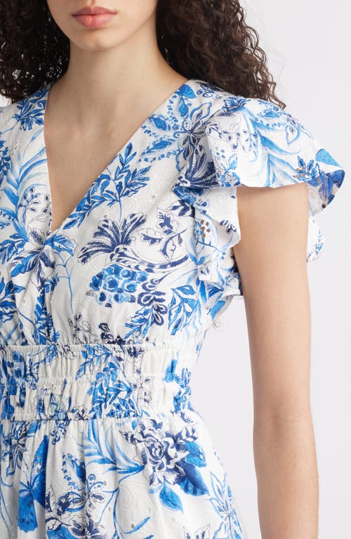 Eliza J Petite Floral Flutter-sleeve Smocked-waist Dress In Iye Blue/white Multi