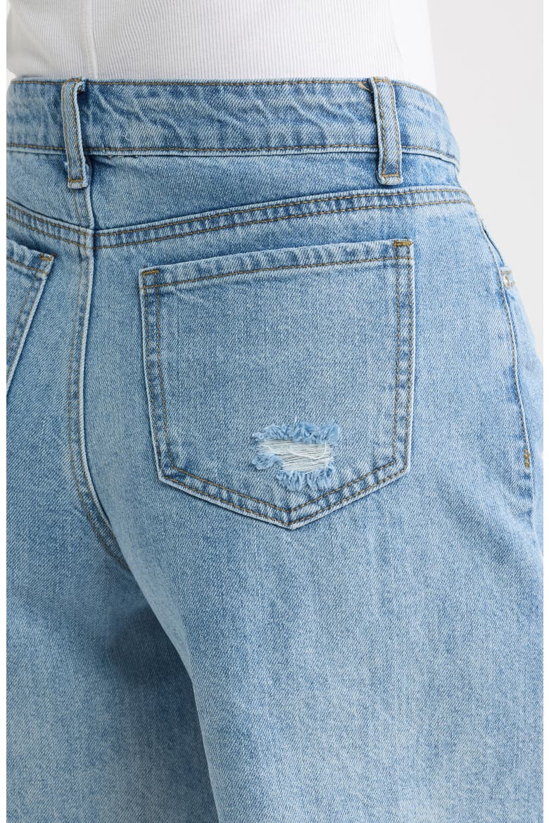 Distressed High Waist Raw Hem Denim Shorts, Alternate, color, MEDIUM INDIGO