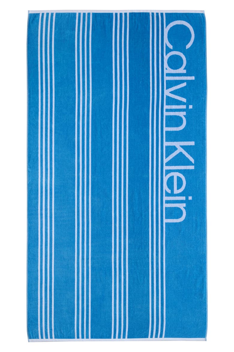 Pinstripe Logo Beach Towel, Alternate, color, JASPER BLUE/WHITE