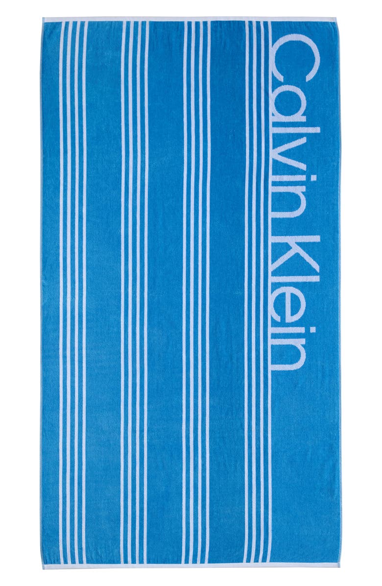 Calvin Klein Pinstripe Logo Beach Towel, Alternate, color, Jasper Blue/White