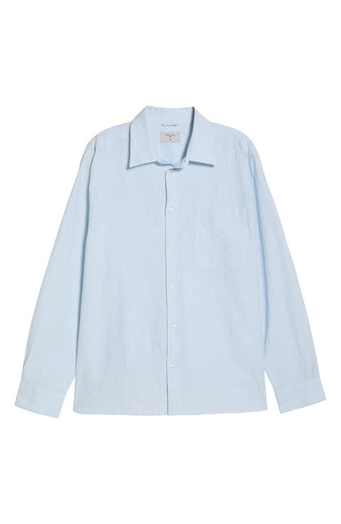 Boxy Long Sleeve Cotton Blend Button-Up Shirt