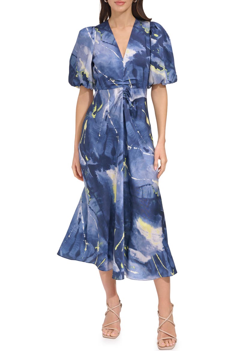 Print Puff Sleeve Satin Midi Dress, Main, color, FLUORO YELLOW/ INKY BLUE MULTI